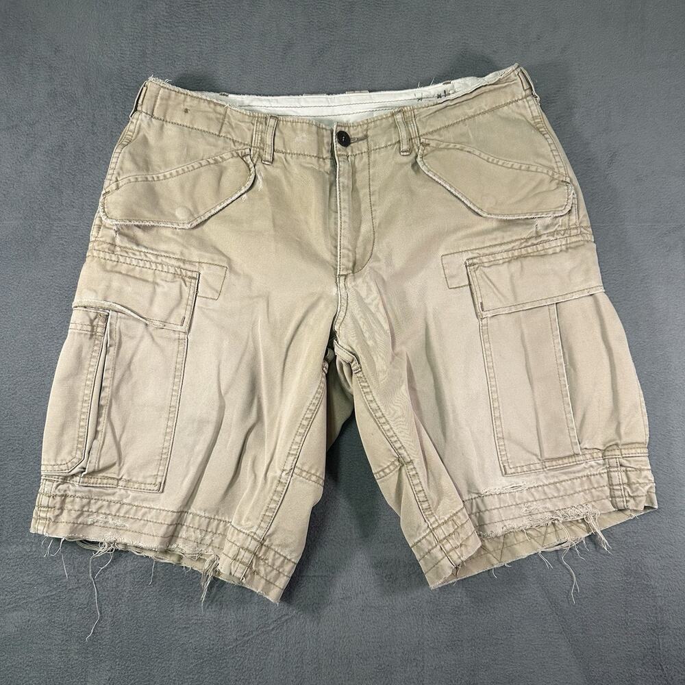 Y2K Polo Ralph Lauren Type-1 Army Cargo Shorts Mens 33 Tan Millitary Distressed